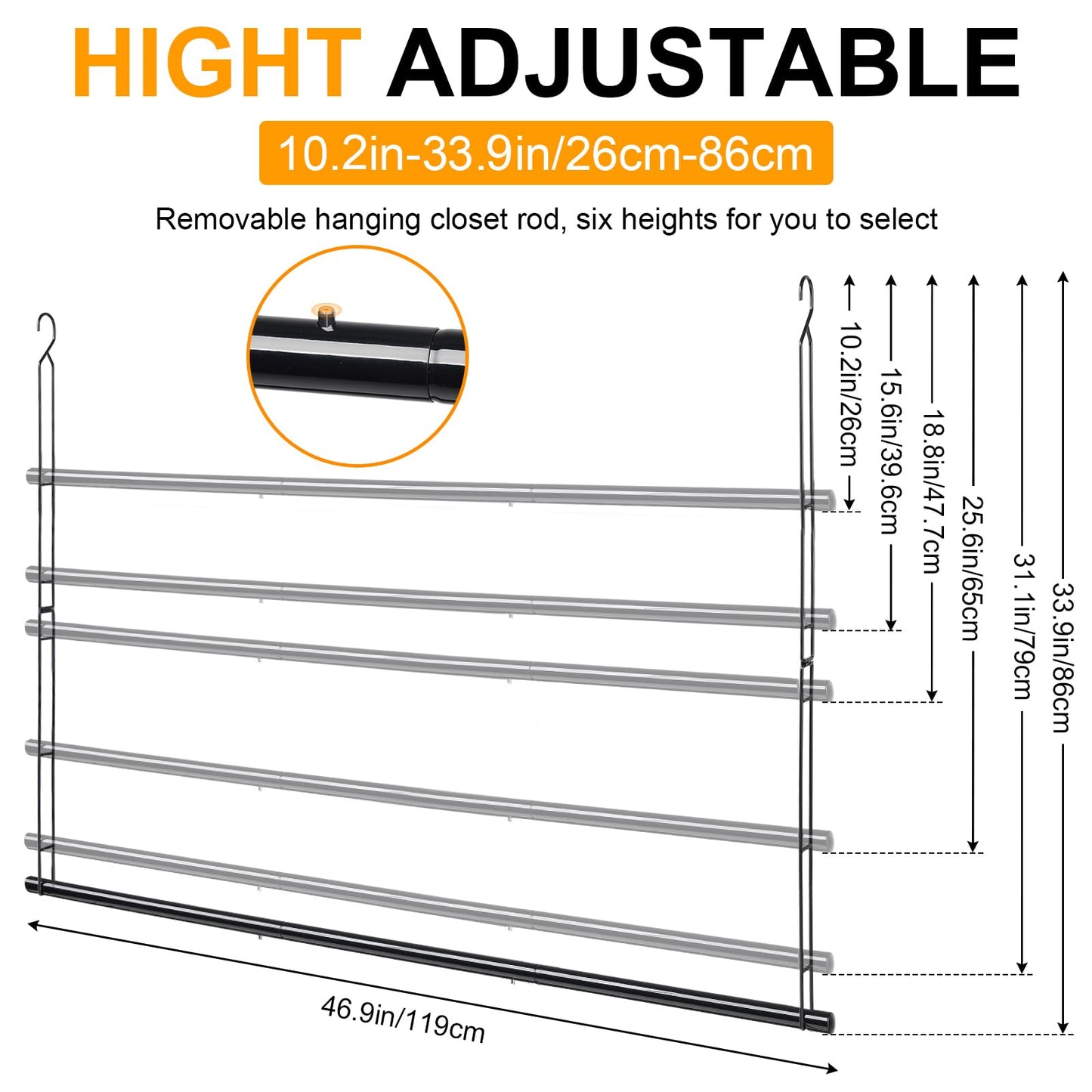 Closet Hanging Rod, 47.2in Wide Extension Closet Hanging Organizer, 6 Height Adjustable Hanging Closet Rods, Space Saving Heavy Duty Closet Rod for Hanging clothes and Towel up to 33.8 in long, Black