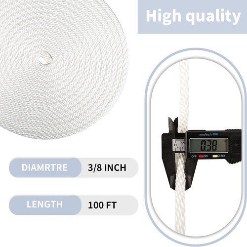 3/8 Inch Nylon Rope 100 Ft Solid Braid High UV and Abrasion Resistance, Multipurpose Tightly Braided Rope, Clothes Line, Flag Line, Marine and Outdoor Twine, Ideal for Indoor and Outdoor Applications
