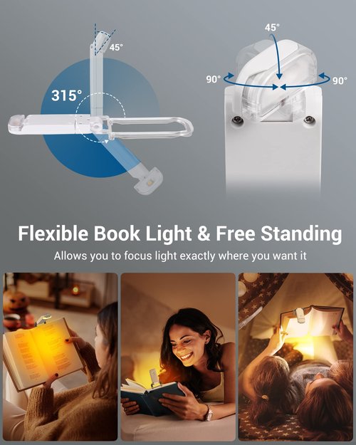 DEWENWILS Book Reading Light, Amber Warm Clip On LED with 3 Adjustable Brightness for Eye Protection, Rechargeable USB, Perfect for Bookworms, Kids (White)