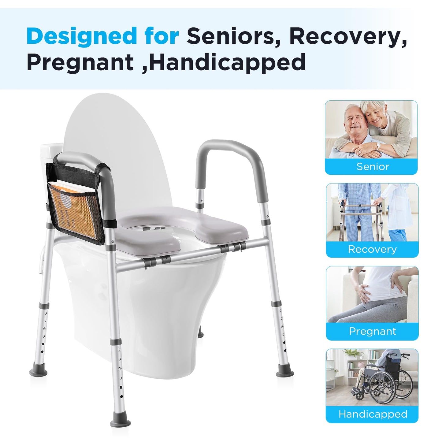 Toilet Seat Risers for Seniors, FSA HSA Eligible Adjustable Raised Toilet Seat with Handles, Toilet Risers, Cozy Padded Elevated Toilet Seat for Elderly, Pregnant, Handicap, Fits Any Toilet, 350lbs