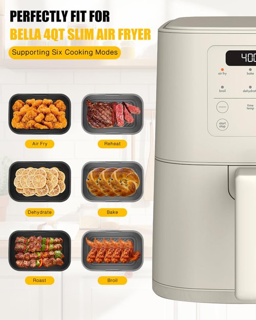 Collapsible Air Fryer Silicone Liners 2-Pack for Bella 4Qt Slim Air Fryer(3.3lb Capacity), Reusable Airfryer Silicone Pot Rectangle, Non-stick Baking Basket Insert for Air Frier Accessories,Gray+Black