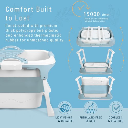 Portable Bathtub for Adult - 41" No Installation Effortless Foldable Bathtub for Bathroom, Collapsible Bathtub with Ergonomic Seat & Massage Roller, Freestanding bathtubs for Adults Blue