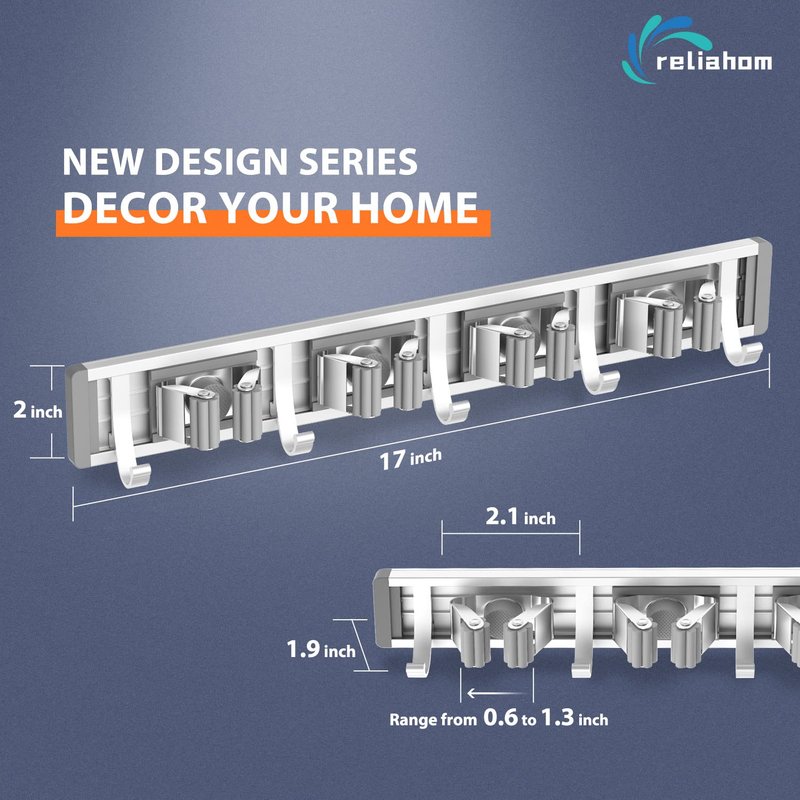 reliahom Adjustable Broom Holder Wall Mount, Mop Storage Tool Racks, Broom Hanger Tool Organizer for Garage, Kitchen, Garden, Laundry Room, 4 Racks 5 Hooks Silver