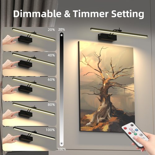 4Pack Rechargeable Picture Light, 5200mAh Black Battery Operated Picture Lights for Wall with Remote Control, 300LM 3000K Warm White Light 16" Metal Dimmable Picture Frame Light for Painting & Artwork