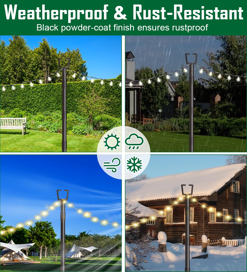 Tigerden 10Ft String Light Poles for Outside - 2 Pack Adjustable Metal Poles for Outdoor String Lights, Rustproof & Sturdy Light Stand Posts for Patio, Backyard, Deck, Garden, Party Decorations
