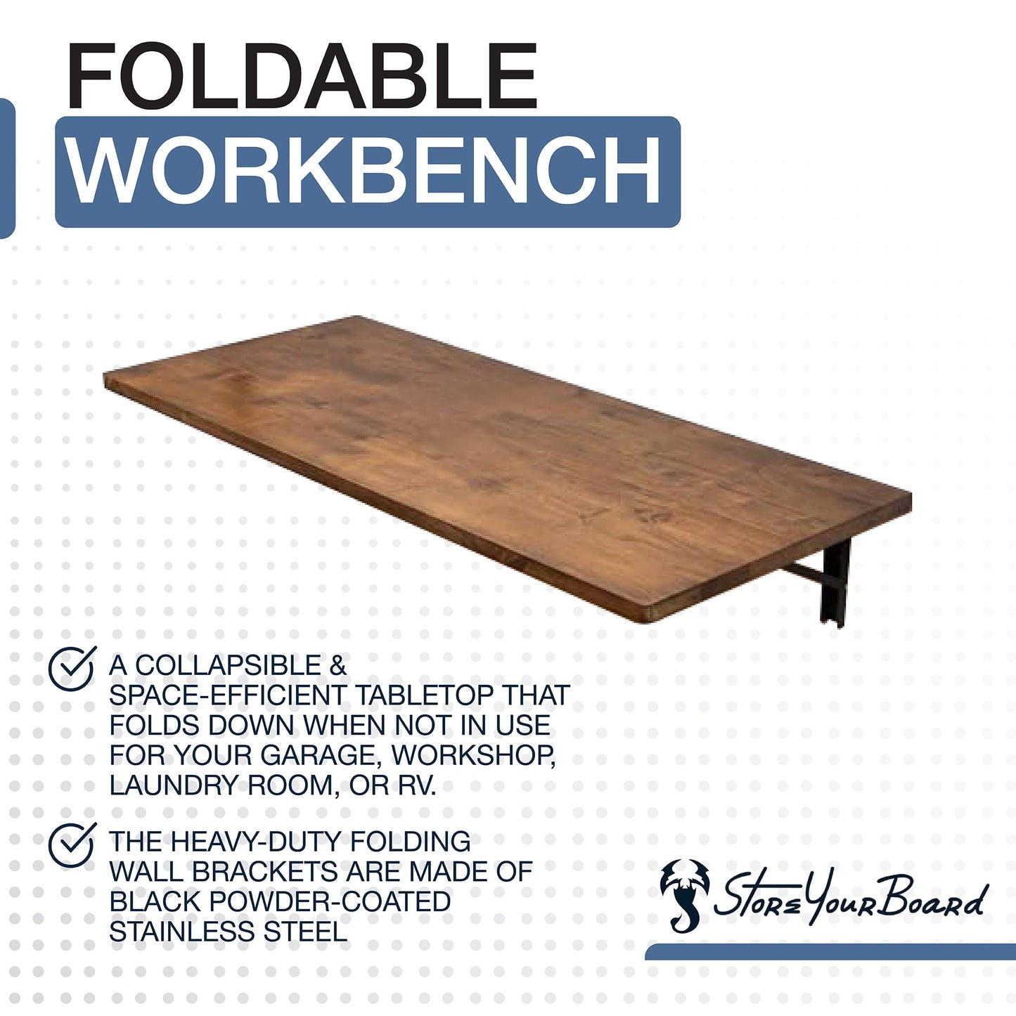 StoreYourBoard Wall Mounted Foldaway Table, Dark Wood Butcher Block Folding Desk, 40" x 18", Black Steel Brackets