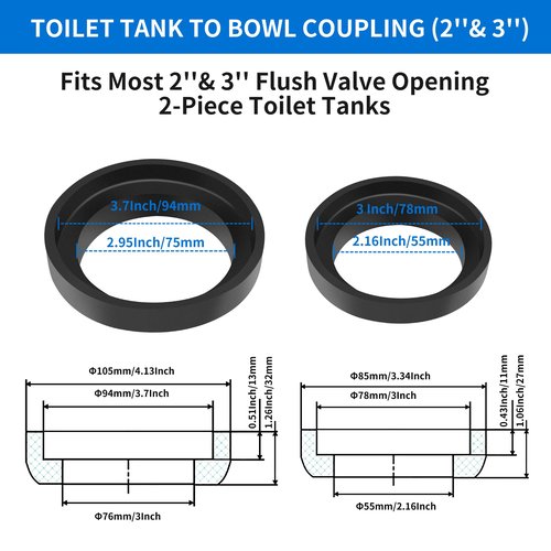 Universal Toilet Tank to Bowl Bolt & Gasket Replacement Kit Tank Repair Kit Includes 2" & 3" Rubber Seal Gaskets, Extra-Long Brass Plated Bolts, Washers, Nuts, Fits Most 2-Piece Toilets