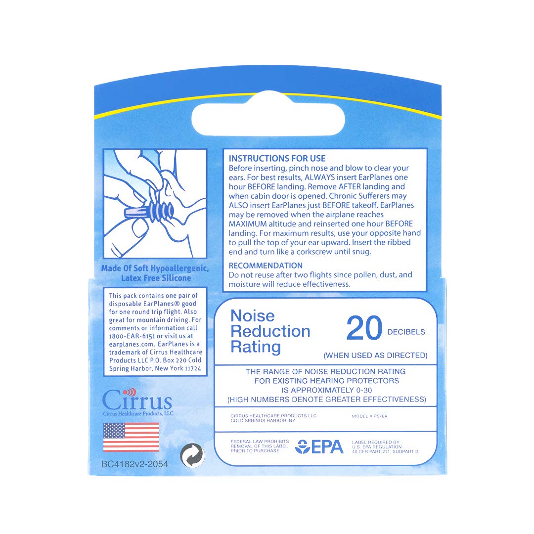 Original Adult EarPlanes by Cirrus Healthcare Earplugs Airplane Travel Ear Protection (1 Pair)