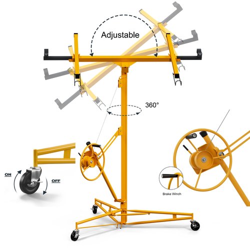 16 Ft Drywall Lift,Drywall Rolling Lifter Panel,150LBS Heavy Duty Sheetrock Lift Drywall Lifter,Drywall Lift Panel Hoist Jack with 360° Adjustable Telescopic Arm & 3 Lockable Wheels