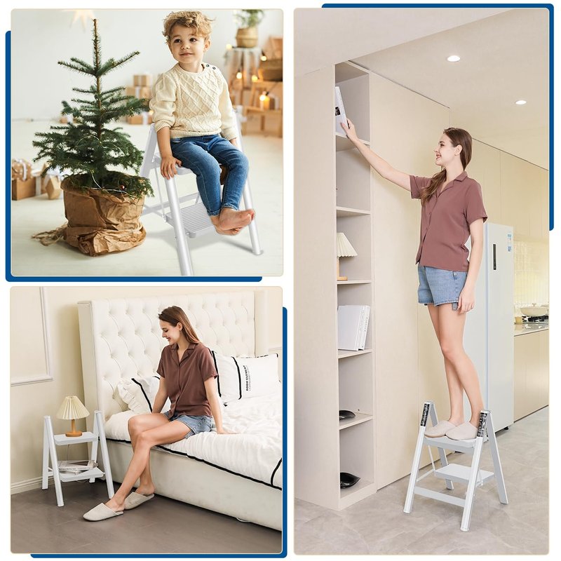Double Elite Step Ladder 2 Step Folding, Sturdy 330 Lbs Load Step Stool for Adults, Safer Full Steel Kitchen Closet Ladder for Home, Multi-use Small Step Stool Ladder with Anti-Slip Wide Pedals, White