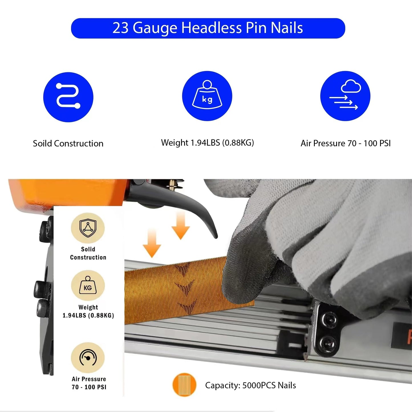 KOFDVDZ 23 Gauge Pin Nails Headless Pinner Nails 10000 Pieces 5 Sizes, 1/2 ",3/5 ",4/5 ",1 ",1-3/16 ", for Multilayer Board, particleboard, Soft Hardwood, Woodworking and Other DIY