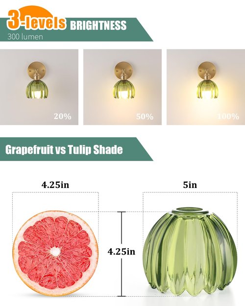 Shenmoyl Vintage Battery Operated Wall Sconce with Green Tulip Glass Lampshade Wireless Rechargeable Battery Powered Wall Light with Remote Control for Bedside Bedroom Doorway, Set of 2