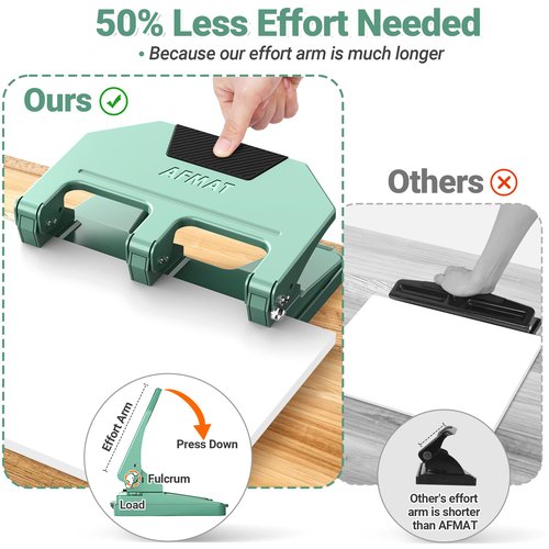 AFMAT 3 Hole Punch Heavy Duty, 40-Sheet 3 Hole Puncher for Binder, Metal Three Hole Punch w/ 10000+ Punching Times, 50% Reduced Effort, Bulit-in S.S. Paper Guide, Large Chip Tray, Green