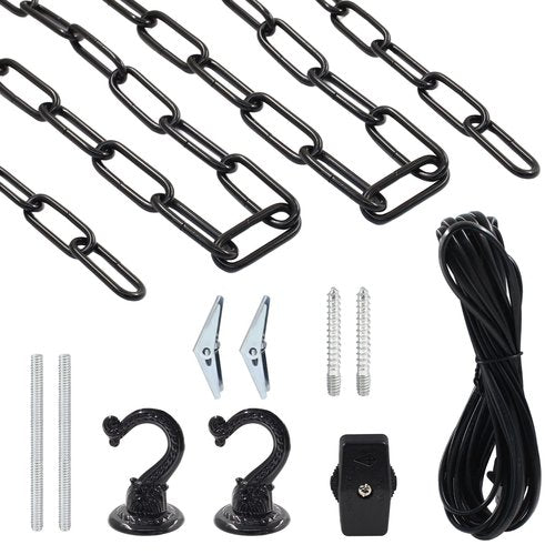 HARSKIYER Swag Light Kit with 15 Ft Chandelier Chain, 15 Ft Light Cord, Switch and 2 Swag Hooks, Black Hanging Lamp Kit for Pendant Light, Ceiling Light and Fan Light