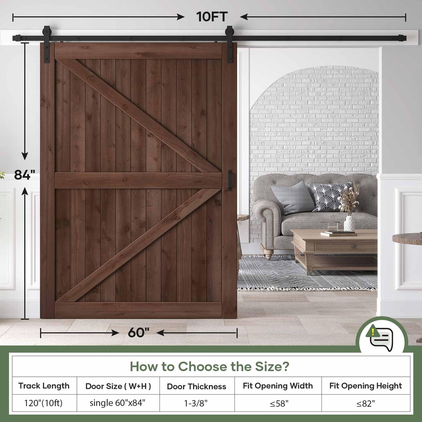 ROYMELO 60x84 inch Sliding Barn Wood Door Slab with 10ft Hardware Kit and Handle, Coffee, K Shape, Simple DIY Assembly