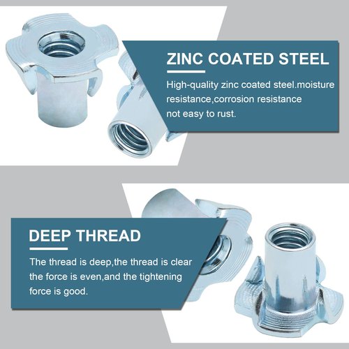 PHITUODA 50 Pack 1/4"-20 T-Nuts, Four Pronged Tee Nut for Wood, Rock, Climbing Holds, Cabinetry (1/4"-20 x 9/16")