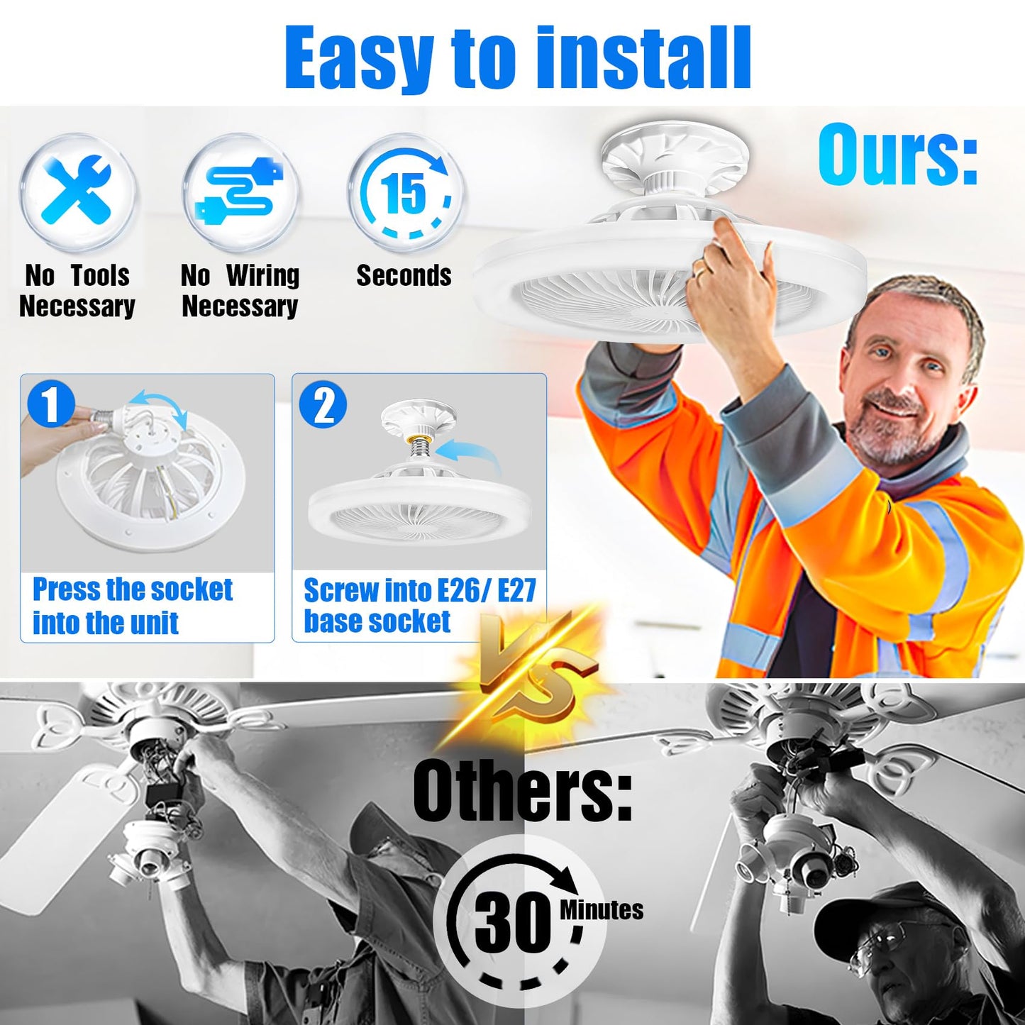 LEOONER Socket Fan Light with Remote,10" Small Ceiling Fans with Lights, 2000 Lumens Dimmable Led Bulb, 3 Colors 3000K-6500K, Easy Install Screw in E26 Base for Bedroom Living Room Kitchen Garage