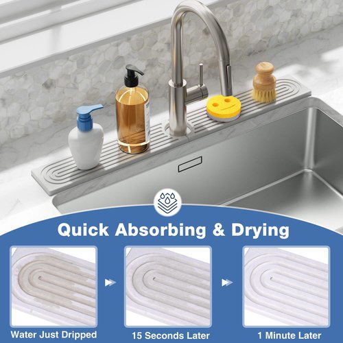 DK177 Faucet Mat for Kitchen Sink - Water Absorbing Stone Tray for Sink, Diatomite Fast-Drying Faucet Mat, Faucet Splash Guard for Bathroom Counter (White, 23.6" x 4")