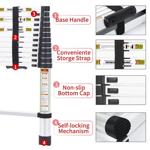 RIKADE Telescoping Ladder 12.5FT & Attic Ladder, Heavy Duty Aluminum with Non-Slip Feet, 330lb Capacity for RV, Attic, Roof & Multi-Surface Use