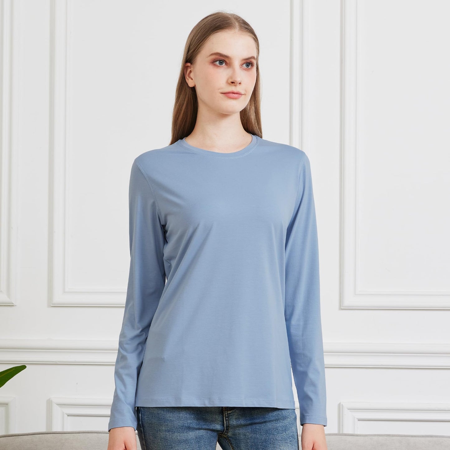 netdraw Women's Bamboo Viscose Cotton Long Sleeve T-Shirt, Crew Neck Buttery Soft Comfy Casual Lounge Sleep Pajama Tees, Frost Blue, Medium
