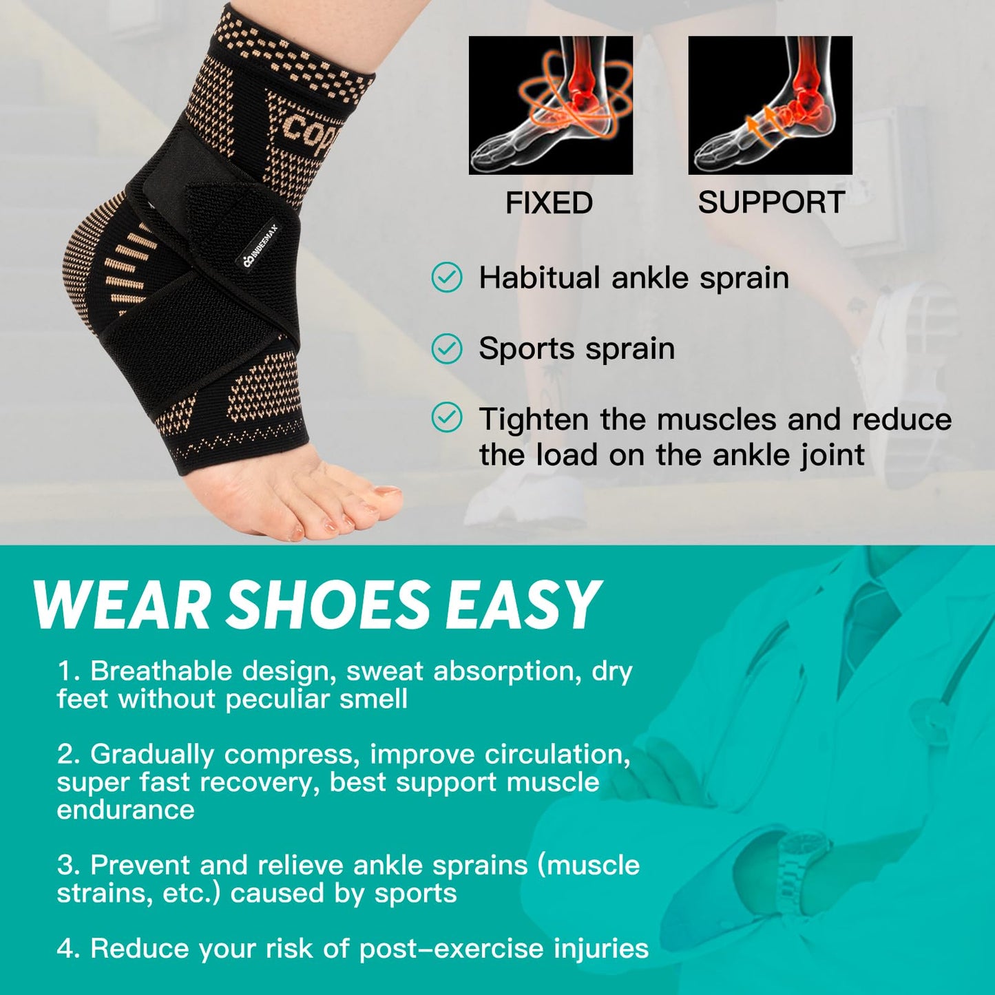 INDEEMAX Ankle Brace for Sprained Ankle Compression Sleeve, 2 Pack Copper Infused Ankle Support Brace for Women & Men, Plantar Fasciitis Relief Achilles Tendonitis, Sports Running, Copper Black, XL
