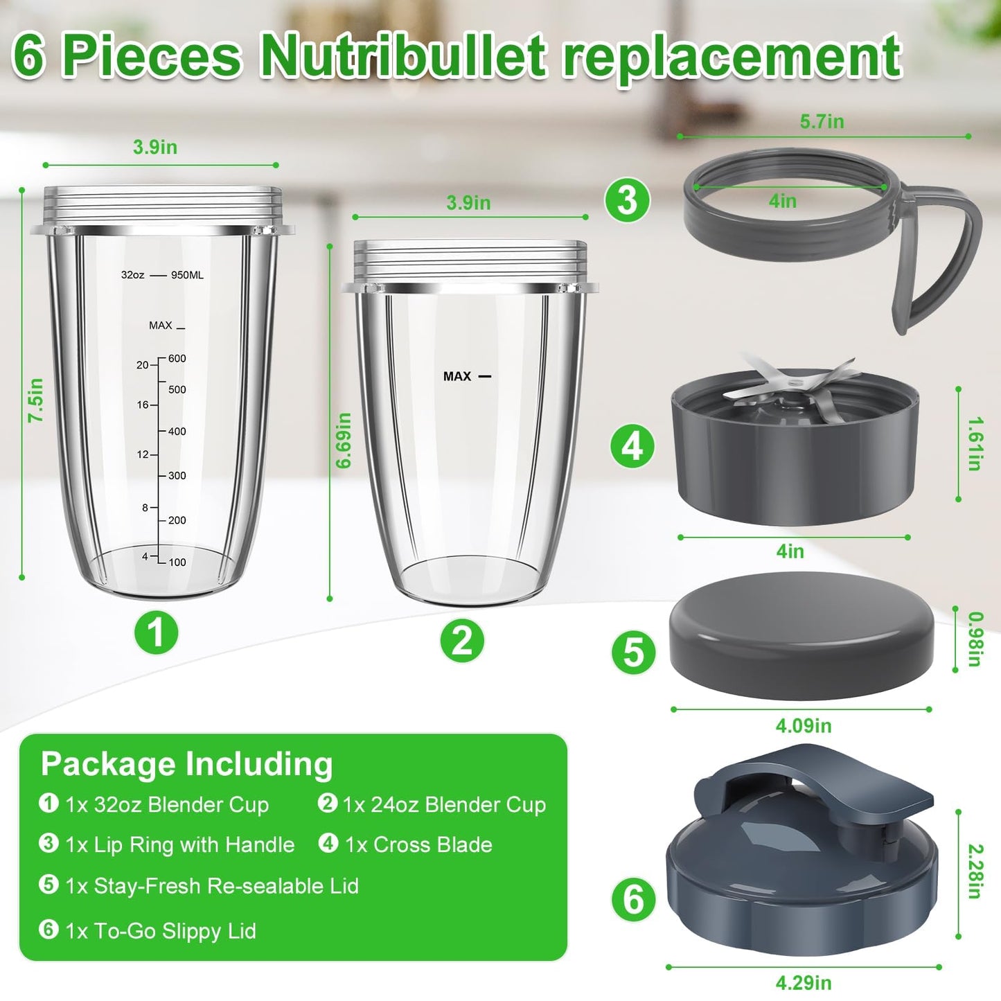 Nutribullet Blender Cups & Blade Replacement Set, 32oz & 24oz Nutribullet cups with Lid To-Go Lid and Lip Ring, Replacement Cups for Nutri Bullet Blenders 600w & Pro 900w Accessories 6 PCS