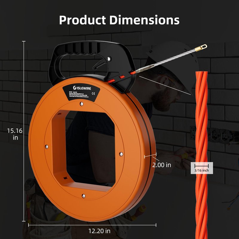 islewire 125 ft Electrical Fish Tape, 3/16-inch PET Wire Puller with Optimized Housing and Ergonomic Handle, Flexible Non-Conductive Cable Puller Tool with Steel Leader for Walls and Conduit