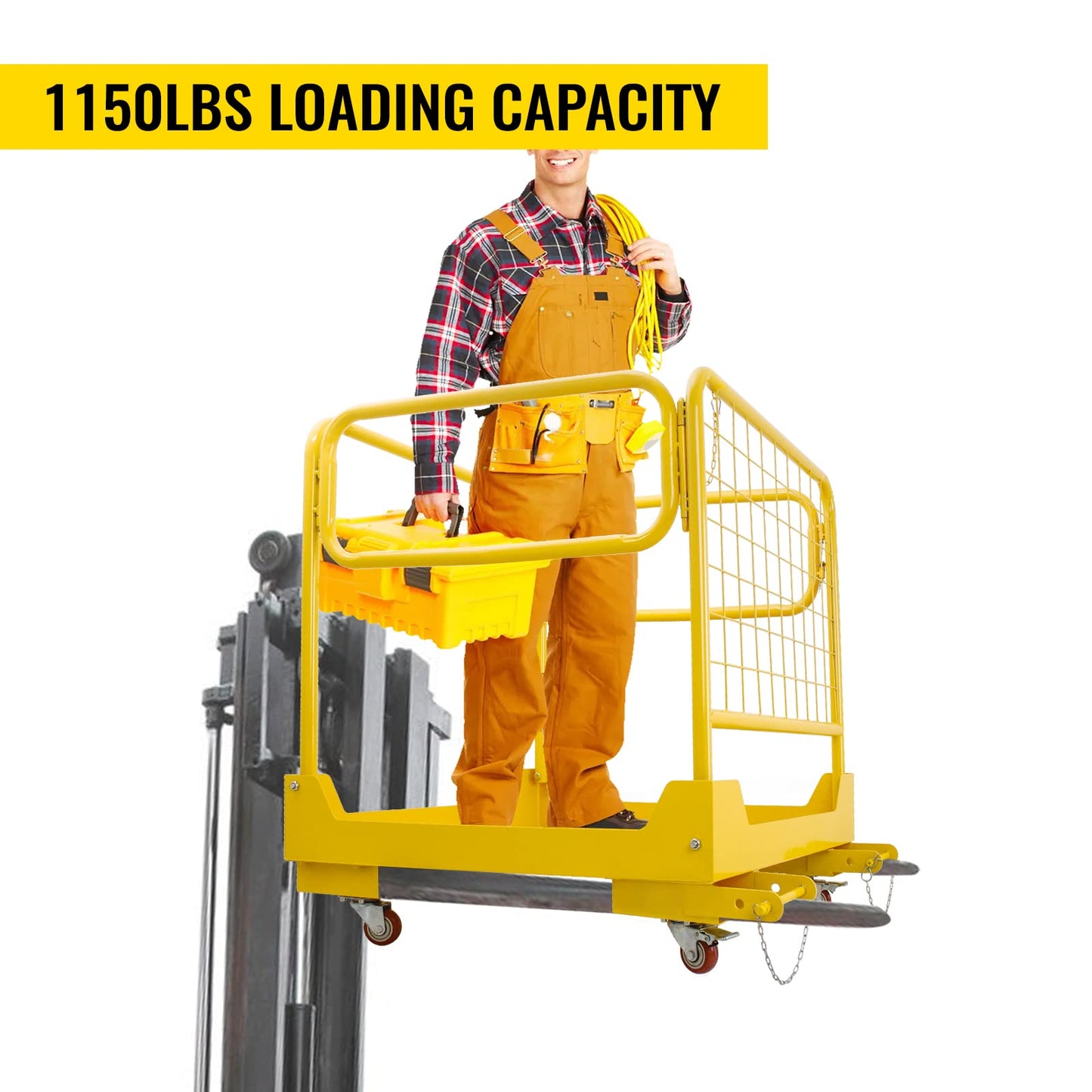 RAILEN Forklift Safety Cage 36x36 Inch, 1200LBS Forklift Work Platform with 4 Wheels, Collapsible Forklift Man Basket Aerial Rails for Lifting Loader