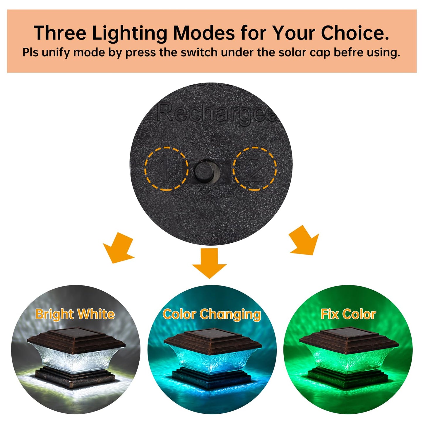 HUYIENO Solar Post Cap Lights Outdoor LED Lighting Deck Fence Light Two Modes Warm White/7 RGB Color Changing Suitable for 4x4 5x5 Wooden Posts (Brushed Copper, 8pk), HY1238