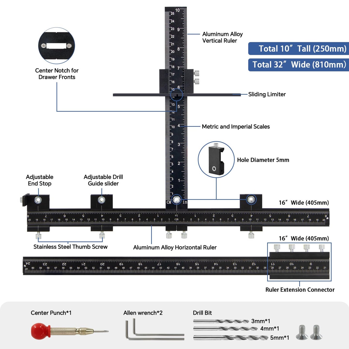 PRO Cabinet Hardware Jig, 32-inch Detachable Cabinet Handle Jig with Auto Center Punch, Aluminum Alloy Cabinet Handle Template Drill Guide, Cabinet Pull Jig for Handle Knob Pull, Drawer/Door