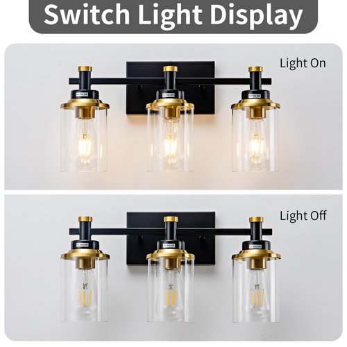 Aixialin 3 Light Bathroom Light Fixtures, Black and Brushed Gold Vanity Light Fixture Over Mirror, Modern Wall Sconces Lighting Wall Lamp for Bathroom, Bedroom, Hallway with Clear Glass Shade