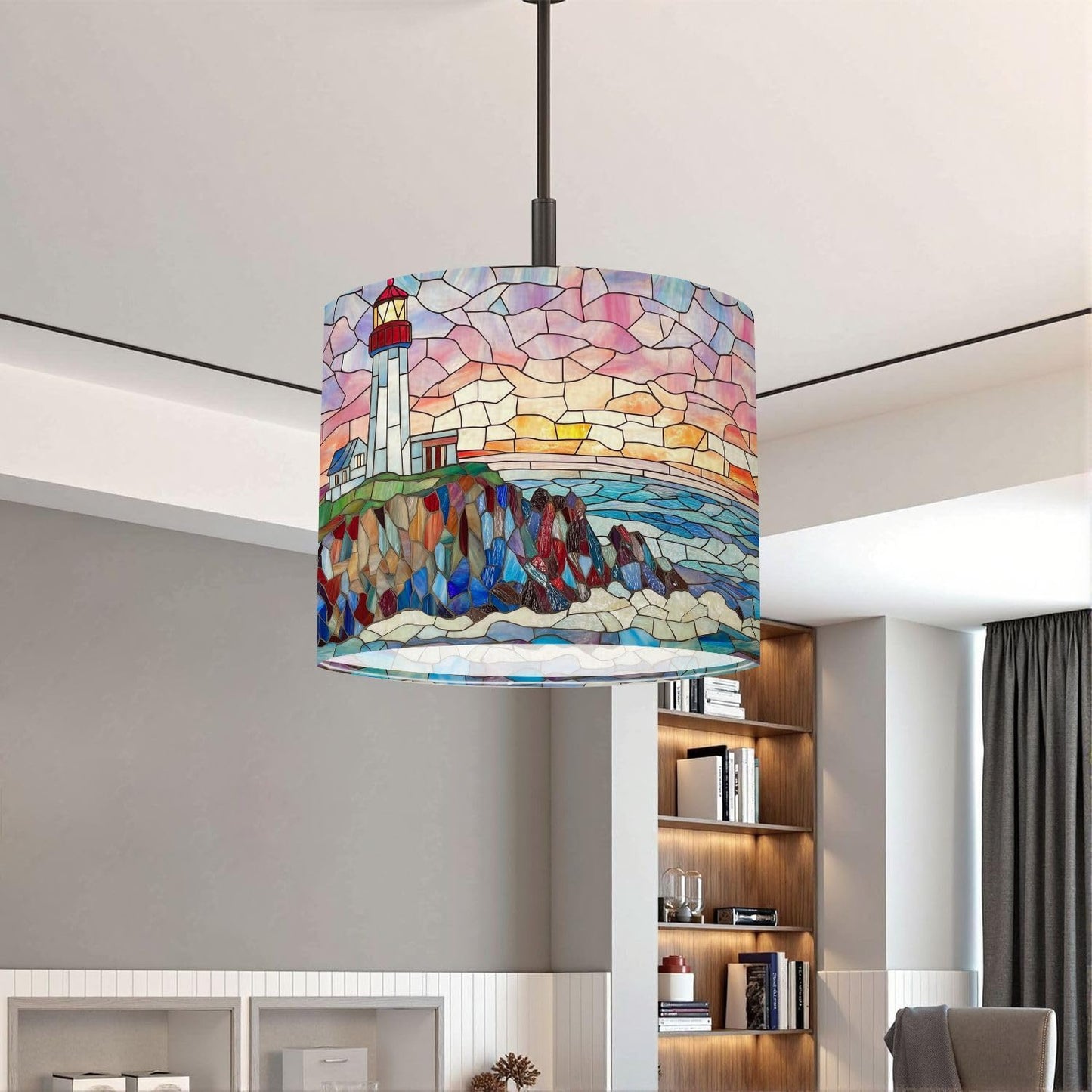Modern Lampshades Lamp Shades 11"x11"x9" Intricate Stained Glass Lighthouse Art Pastel Sky Waves Light Shade for Table Lamps Floor Lamps Drum Lamp Shades Lampshade Replacement