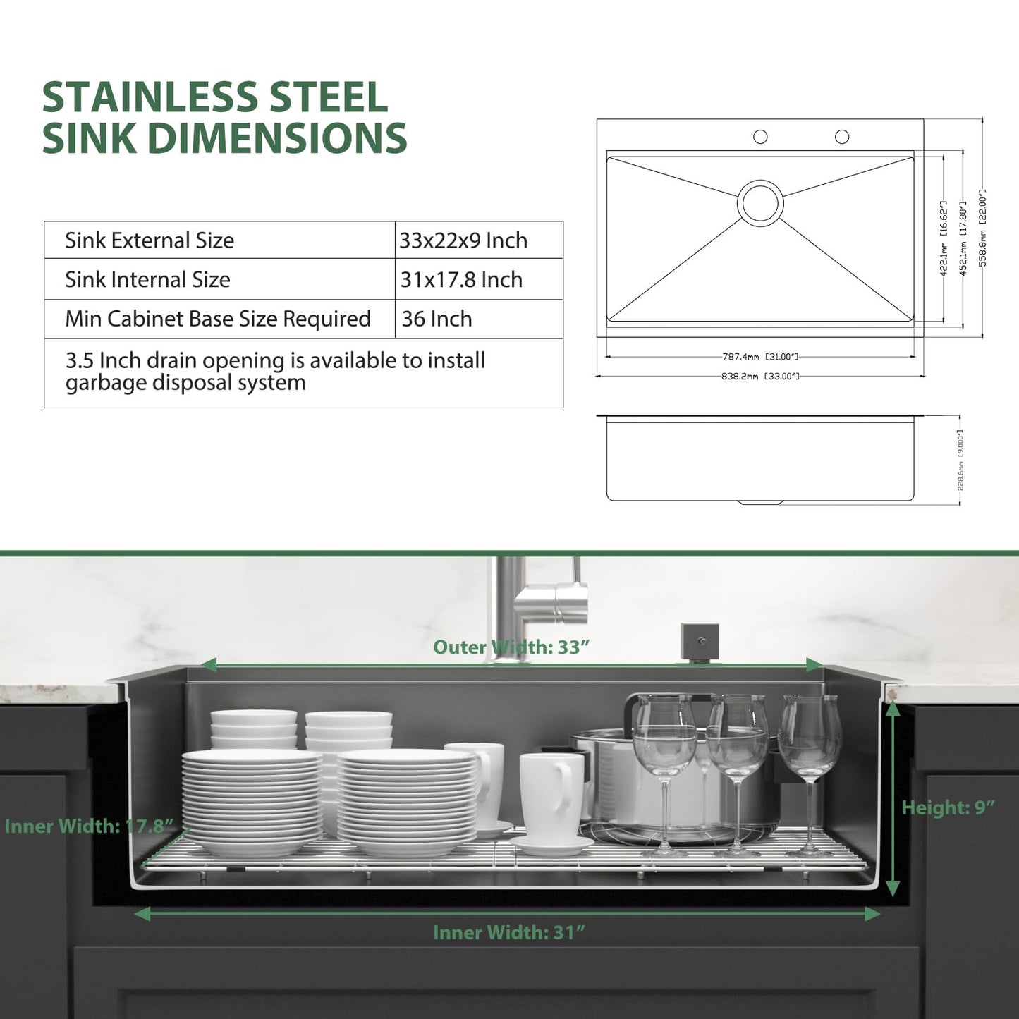 Couoko 33x22 Drop In Kitchen Sink Black Workstation 16 Gauge Stainless Steel Single Bowl Kitchen Sinks Gunmetal Black Nano PVD Handmade Large Deep Sinks 33" x 22" x 9" Inch