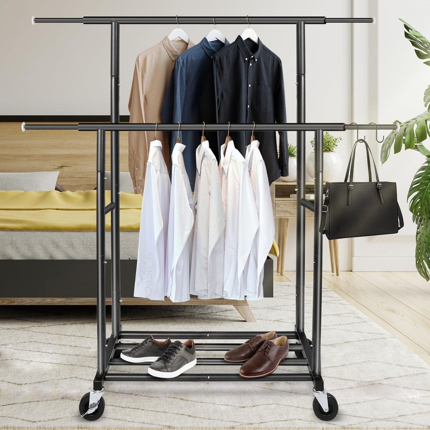 Fishat Stand Portable Black Double Rods Garment Rack with Rolling Clothes Organizer on Lockable Wheels Mobile, 48" W x 15" D x 67" H, Metal Simple Hanging Clothes with 2 Hook