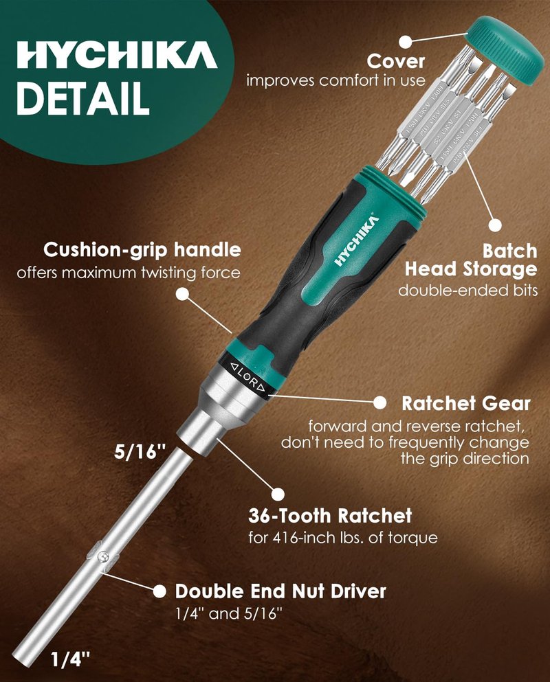 HYCHIKA Ratcheting Screwdriver 16-in-1, Magnetic Ratchet Screwdriver Set, Screw Driver Multi Bit All in One with Phillips, Slotted, Torx, Square, Hex bit and Double End Nut Driver