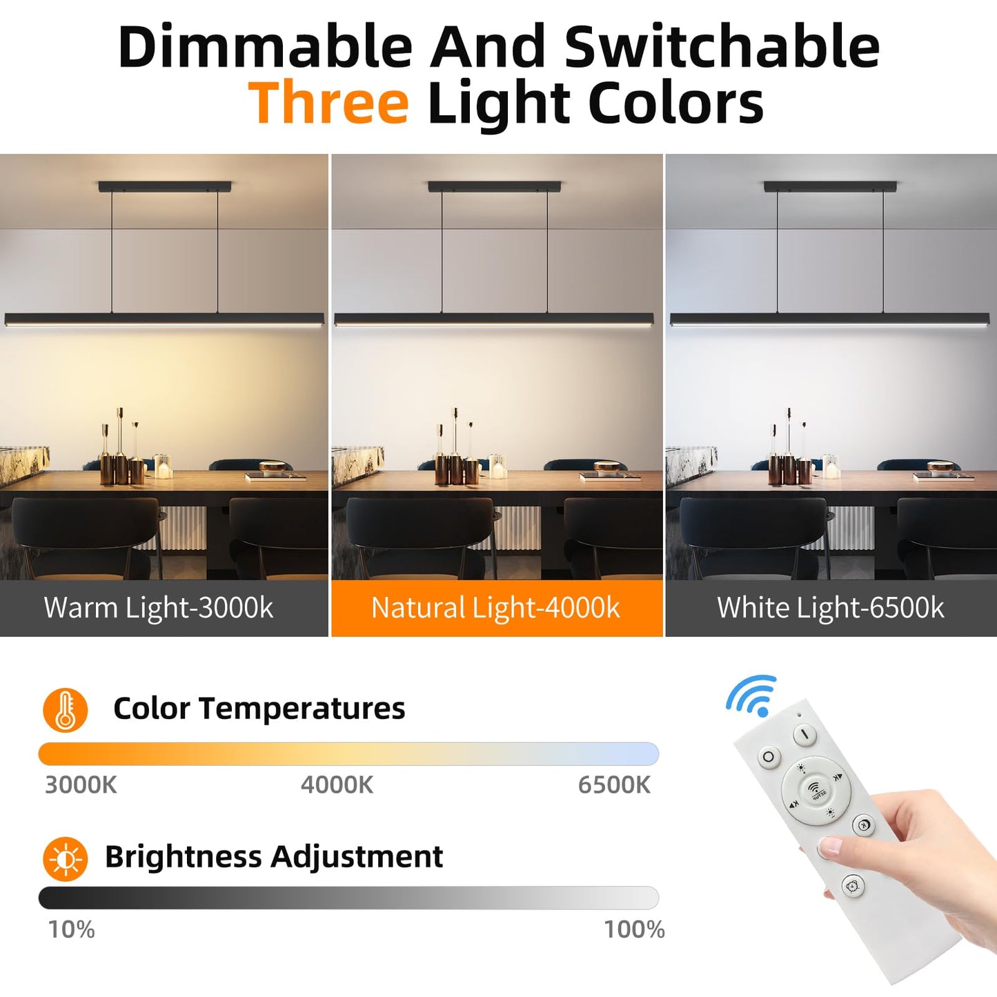 Modern LED Linear Pendant Light, 39IN Ceiling Chandlier Light Fixtures Hanging with Remote Control 3000k-6500K Adjustable Color Temperature Island Light for Dining Room, Kitchen