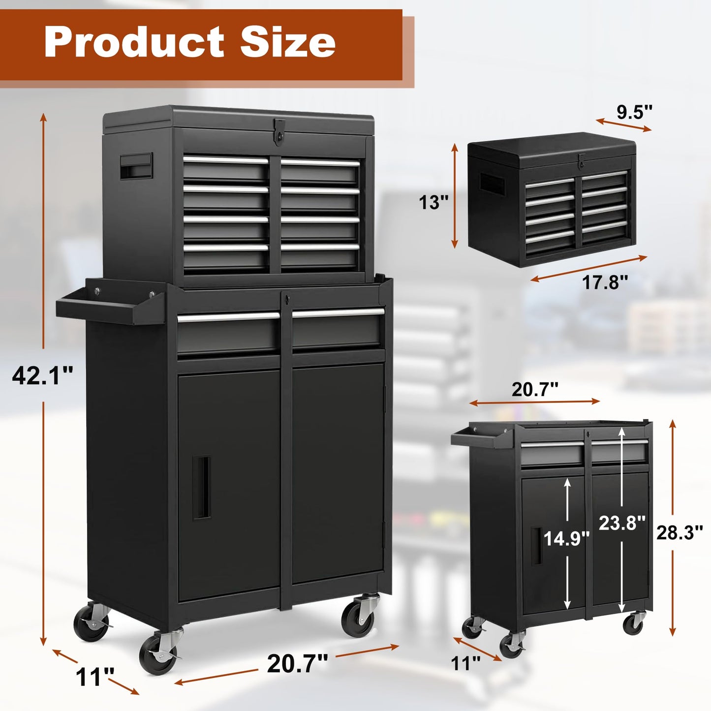 Osparple Rolling Tool Chest 5 Drawers Tool Box Garage Storage Cabinet Steel Frame 2 in 1 Tool Cart with Universal Lockable Wheels, Detachable Top and Adjustable Shelf for Garage, Black