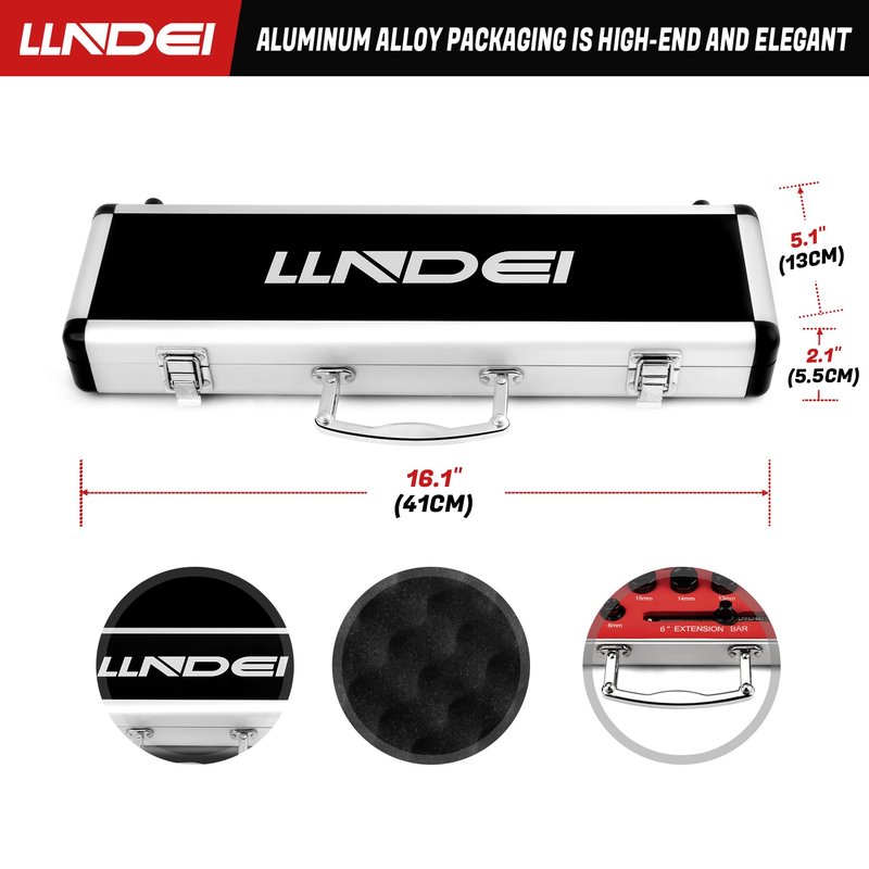 LLNDEI 3/8" Drive Stubby Impact Socket Set Metric 6-19mm, 19-Piece Cr-Mo Nano Socket Set with 2 Extension Bars (6" & 15"), Universal Joint & Ratchet Wrench for Tight Space Access