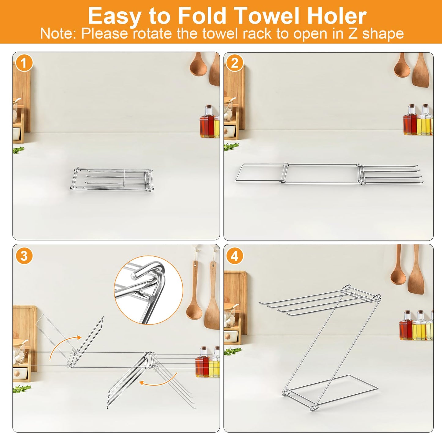 Kitchen Towel Holder Stand, 4-Arm Dish Towel Holder Countertop Towel Drying Rack for Bathroom, Free Standing Hand Towel Stand Washcloth Dish Cloth Drying Rack, Z-Shaped Folding Hanging Towel Bar Stand