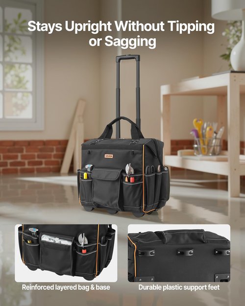 VEVOR 18" Rolling Tool Bag, 110lbs Load Capacity, 25Pockets Heavy Duty Roller Tool Bag w/Adjustable Telescoping Handle & Stable Base, Toolbag Organizers with Wheels for Electrician, Construction