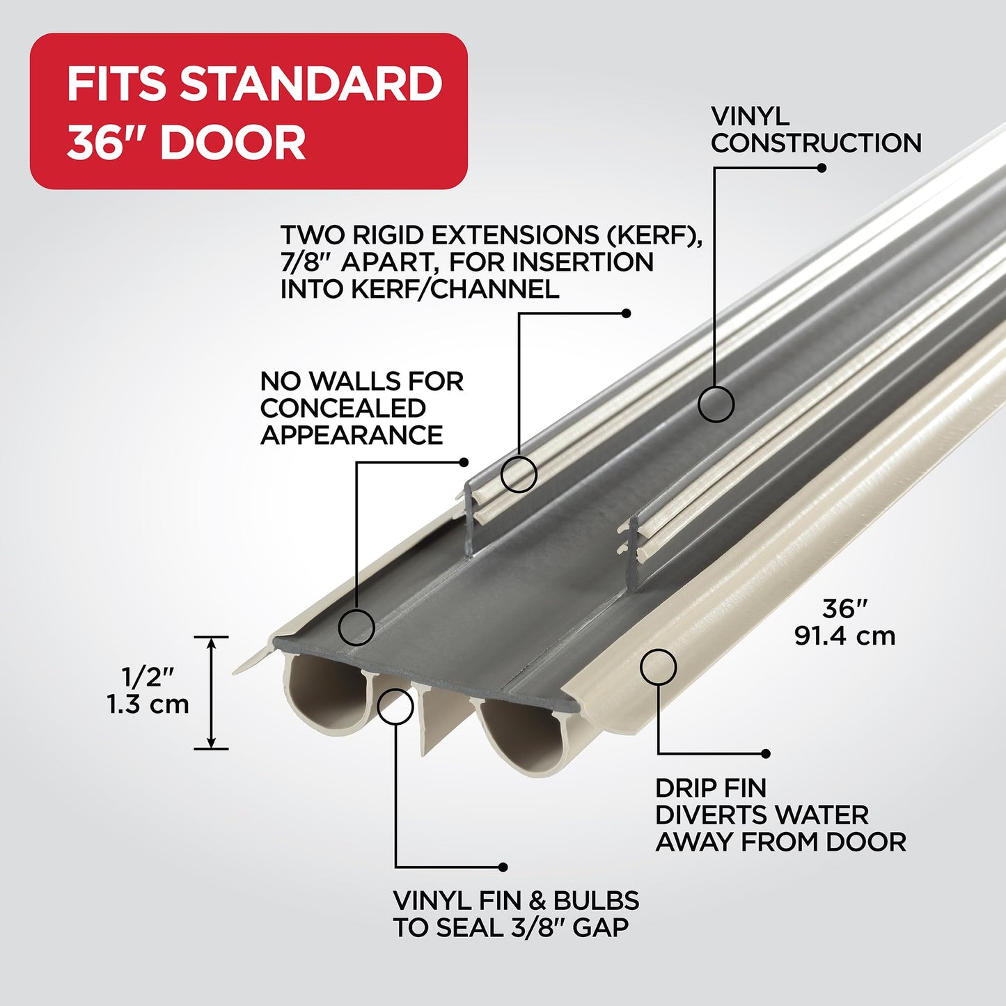 M-D Building Products 43820 Vinyl Concealed Kerf/Channel Fit Under Door Seal, Easy-to-Install Draft Stopper, Energy-Saving Door Insulation, Noise Reduction, Ideal for Home (36 Inch, Beige)