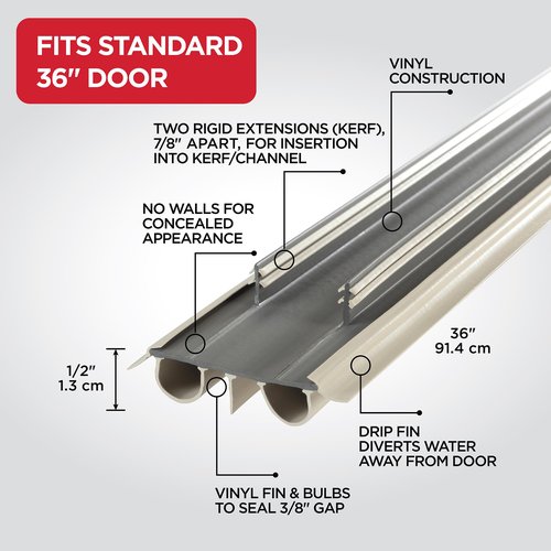 M-D Building Products 43820 Vinyl Concealed Kerf/Channel Fit Under Door Seal, Easy-to-Install Draft Stopper, Energy-Saving Door Insulation, Noise Reduction, Ideal for Home (36 Inch, Beige)