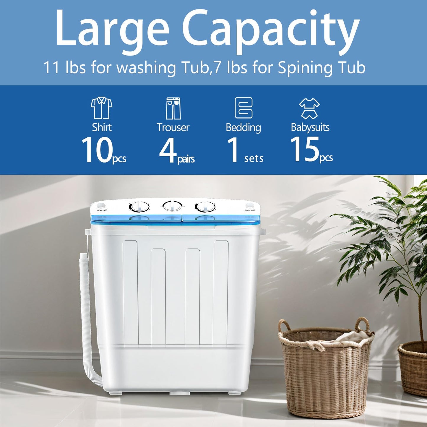 Stopsad Portable Mini Twin Tub 18Lbs Washing Machine with Drying Rack and 10 Hangers, Washer(11Lbs) and Spinner(7Lbs), Compact Laundry Washer for Apartments, Dorms(Blue)