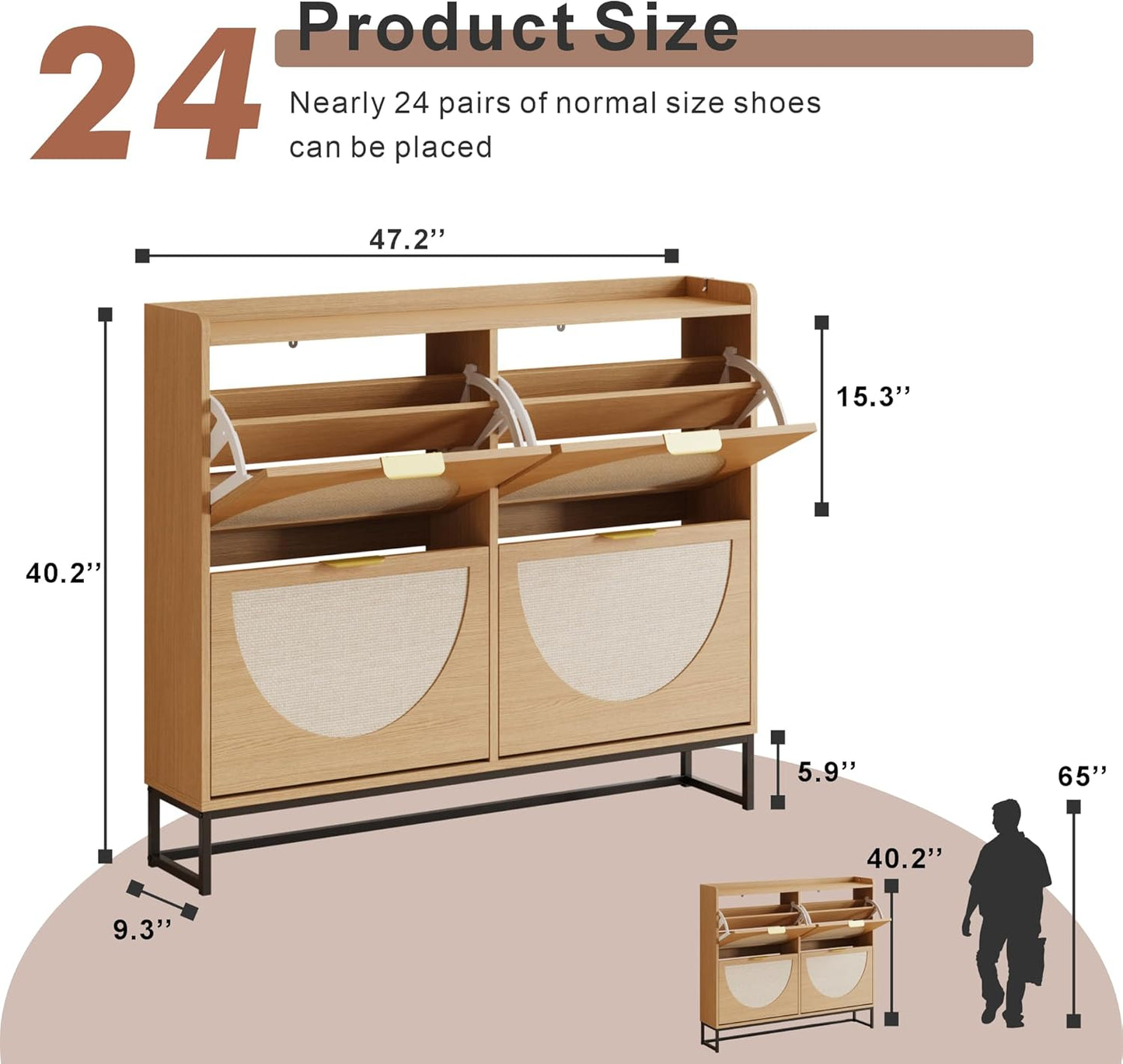 Narrow Shoe Storage Cabinet, Freestanding Shoe Cabinet Organizer for Entryway, Hallway (Oak, 4 Flip)