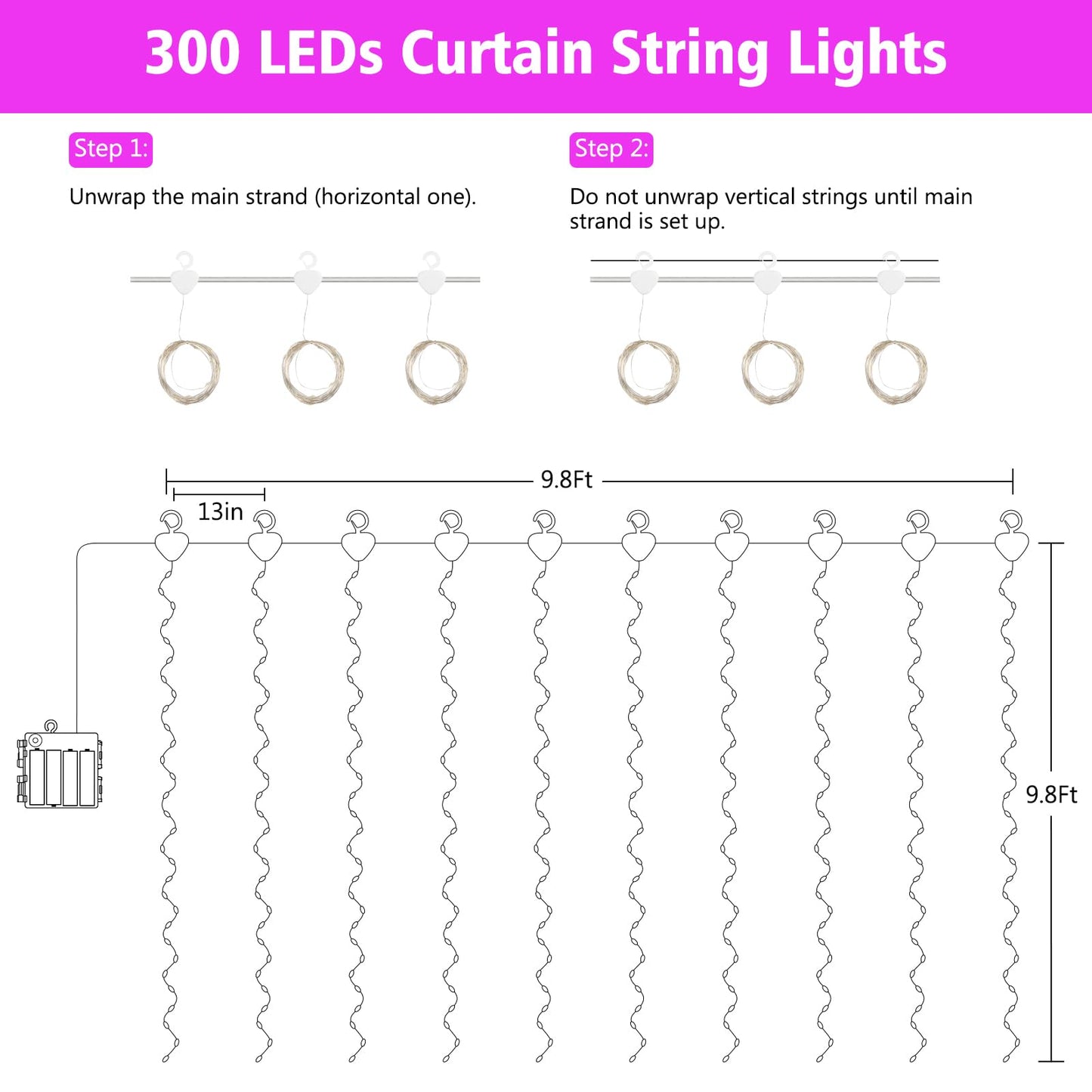 echosari Fairy Curtain Lights Battery Operated, 300 LED Indoor Curtain Lights 9.8 x 9.8Ft with Timer Hooks for Children' s Bedroom Wedding Backdrop Decor (Pink)