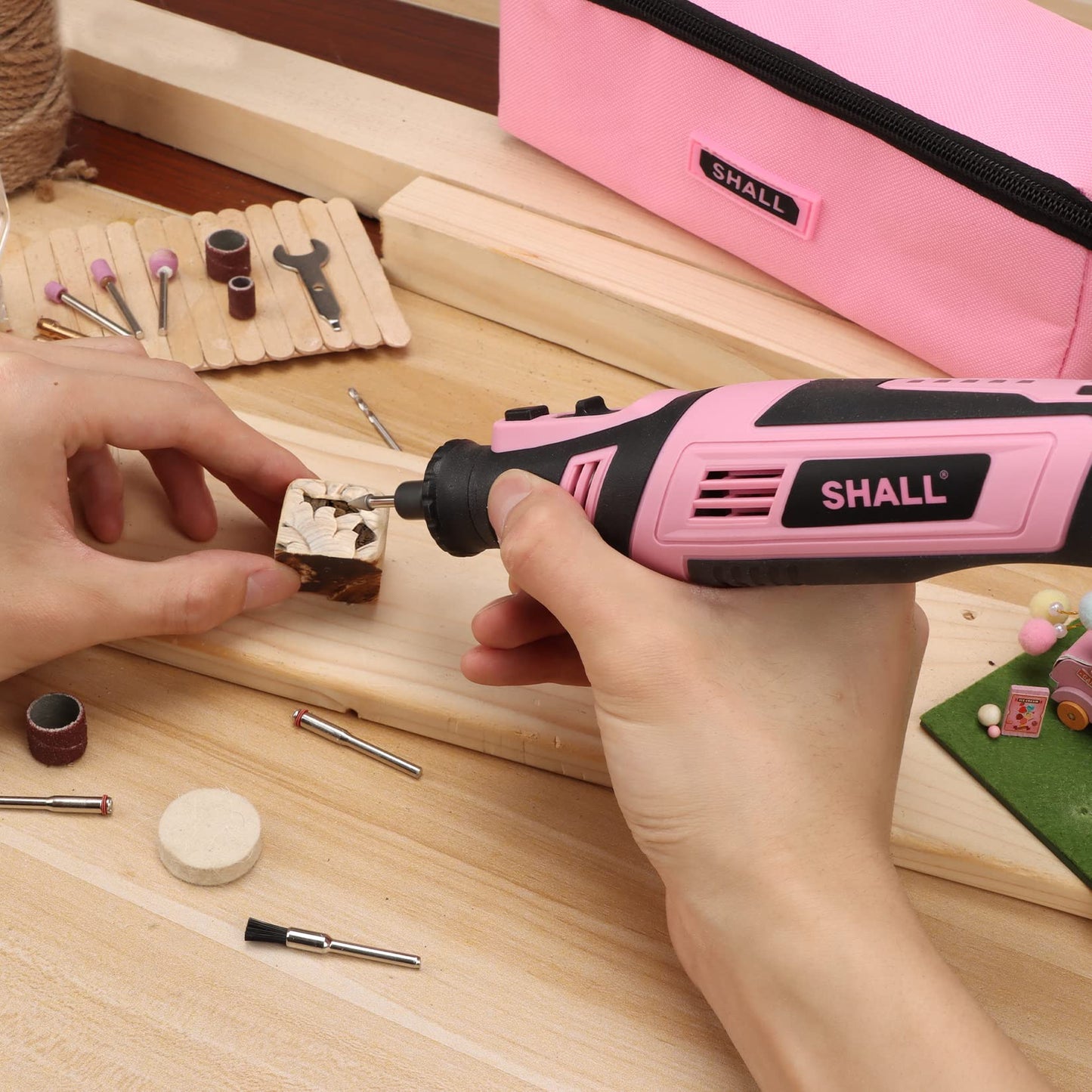 SHALL 8V Cordless Rotary Tool Kit, Pink Lightweight 2.5 Ah Battery Rechargeable Rotary Tool w/ 121 Accessories, 5-Speed Power Rotary Tool for Sanding, Carving, Polishing, Engraving, Pet Grooming