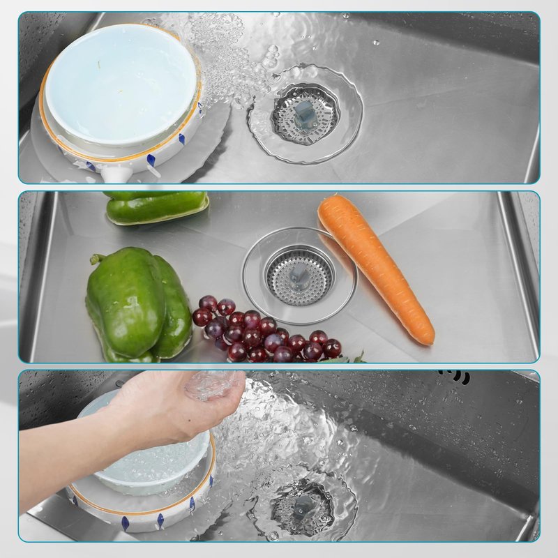 Hibbent 2 Pack 3 in 1 Kitchen Sink Drain Strainer, Stainless Steel Wrapped Shell Drain Stopper Combo, Pop Up Sink Stopper, Anti-Clogging Strainer with Foldable Handle for US Standard 3-1/2" Drain