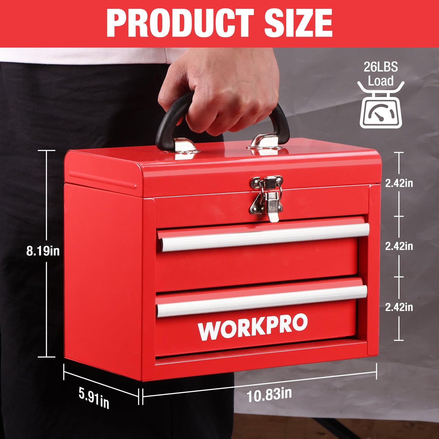 WORKPRO Portable Mini Tool Box, 2 Drawers Metal Tool Chest with Ball Bearing Slides, Top Storage and Lockable Latches, Ergonomic Carrying Handle, Mechanic Toolbox with PVC Liners and PP Feet Pads
