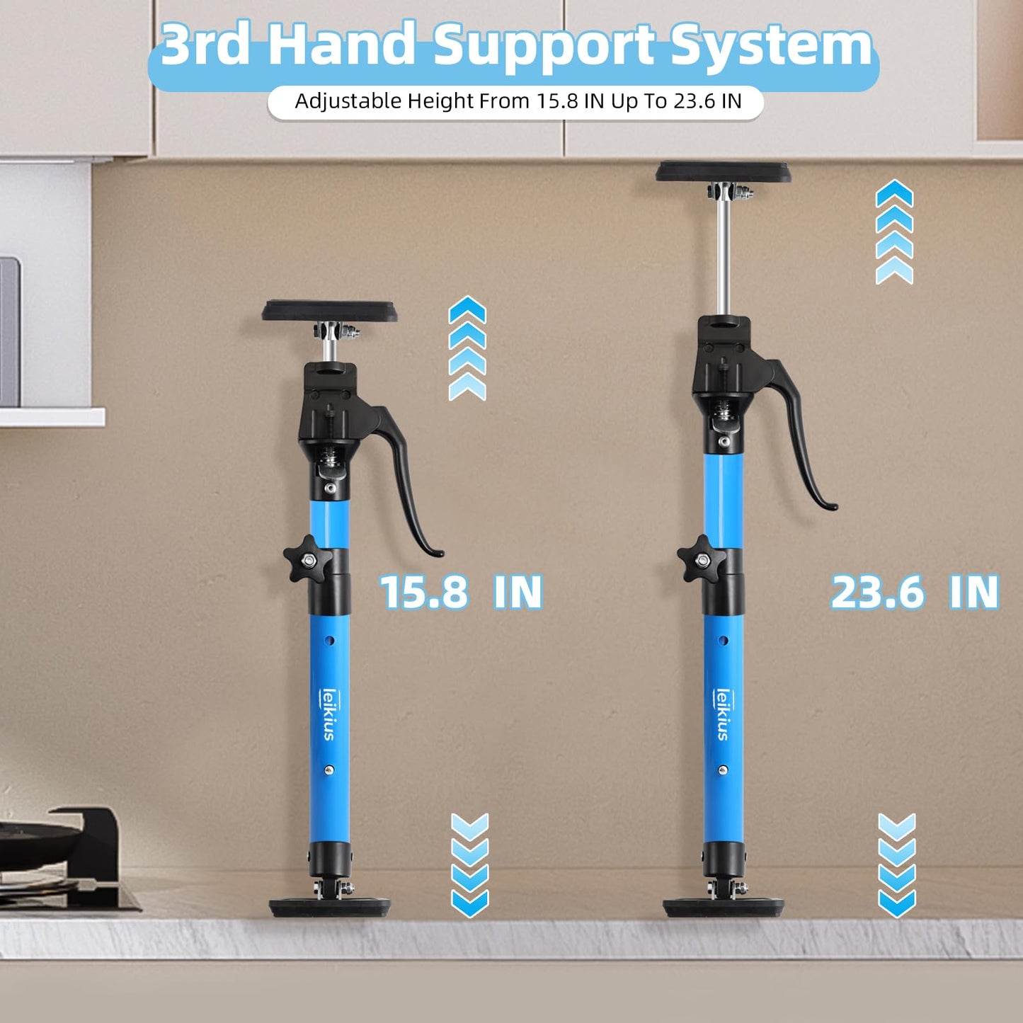 Leikius Aluminum Handle Cabinet Jack for Installing Cabinets,15.8-23.6 Inches 200LB Load Capacity Hand Support System,Heavy Duty Adjustable Cabinet Lift Jack&Support Pole,Perfect for DIY Enthusiasts