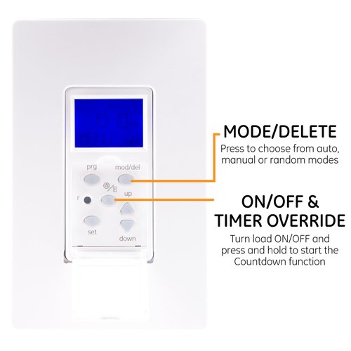 GE SunSmart Digital In-Wall Timer - Daily ON/OFF Times, Programmable Settings, Sunset/Sunrise Presets, Vacation Security - White & Almond Light, Fan, Heater Switch - 32787
